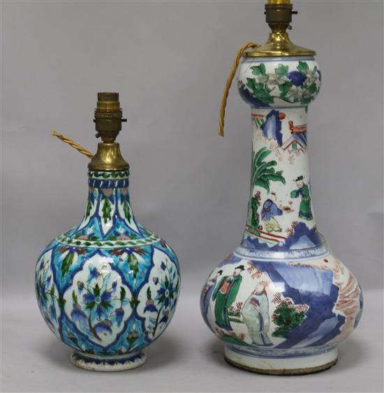 A Chinese wucai garlic-mouthed vase, late 17th century, restored, hole to base and an Isnik style baluster vase, possibly Kutahya (both